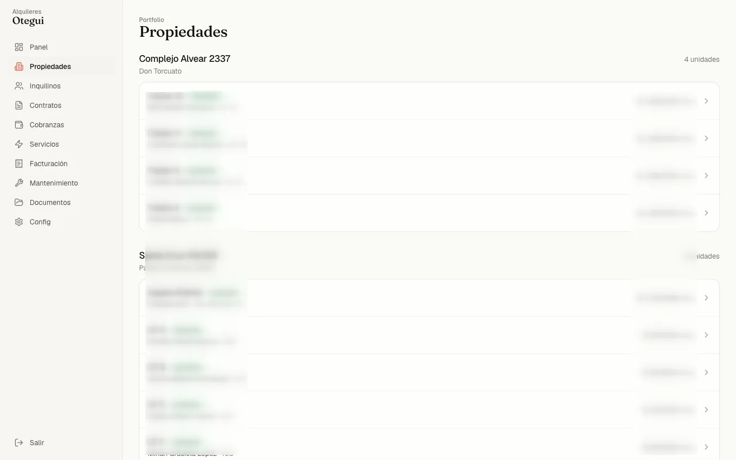 El portfolio de propiedades con su estado