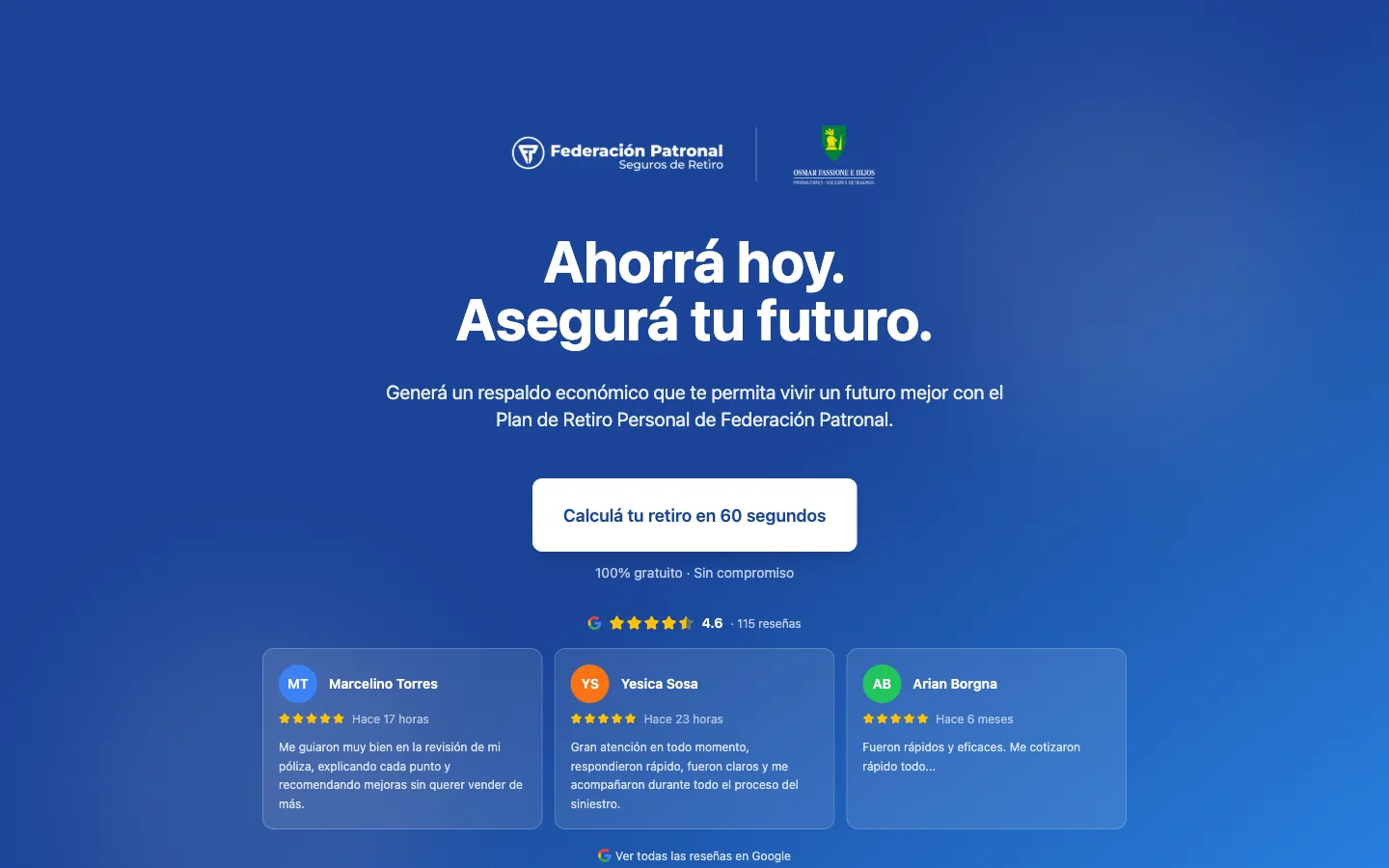 La landing con el simulador de plan de retiro